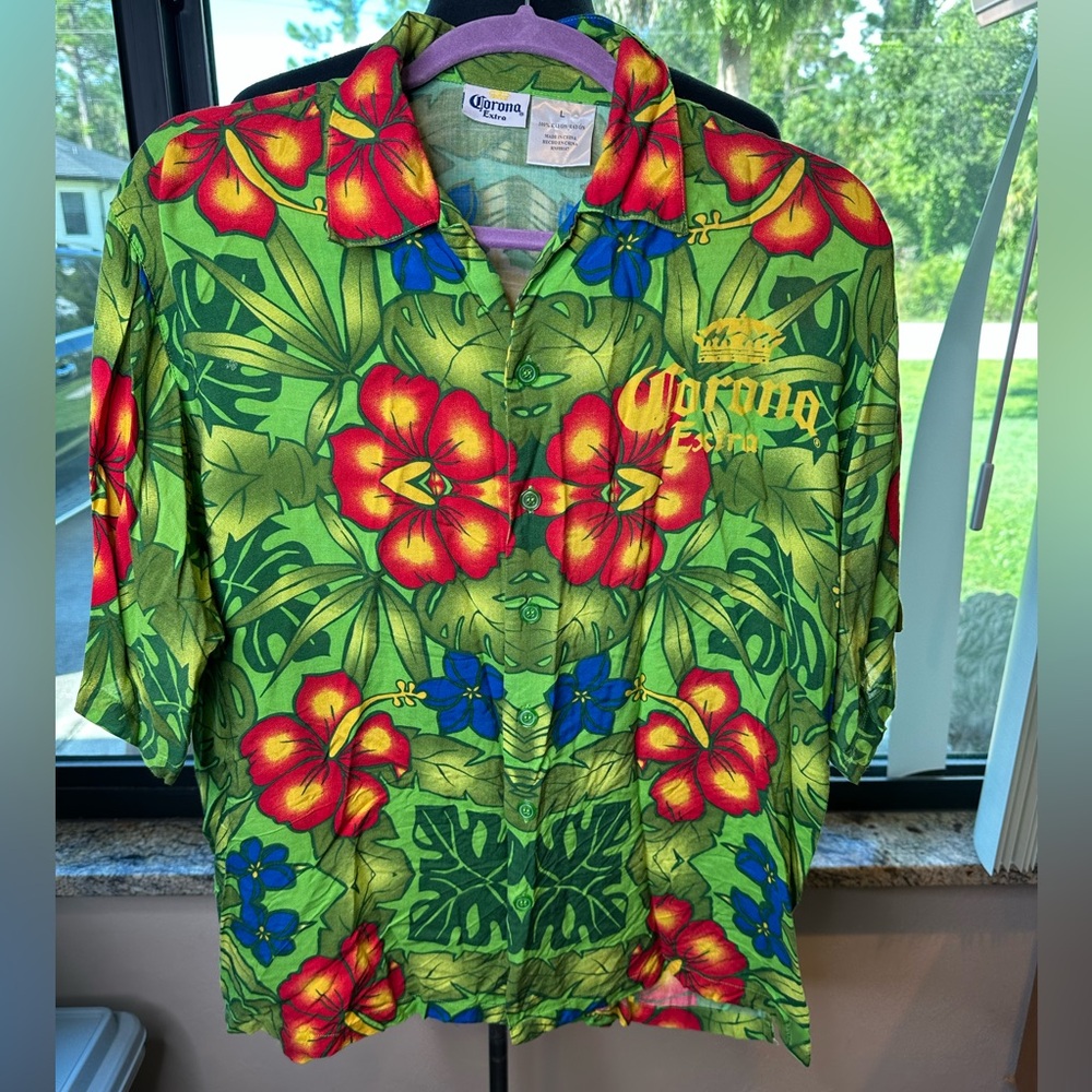Corona Men's Floral Tropical Green, Red,  Resortwear Shirt Yellow Size Large